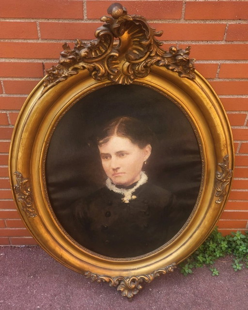Antiek portret van een vrouw uit de 19e eeuw, olieverf op doek.