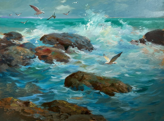 Image 1 of Original Oil Painting Sea Waves Landscape Song of the waves and wind