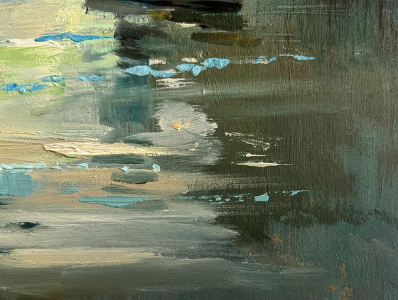 Image 1 of Original Oil Painting Evening River Landscape Love and the reflection of the sun