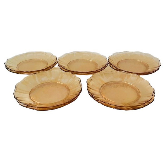 Image 1 of Service de dix assiettes à dessert Crowny, décor pêche nacré, années 1960