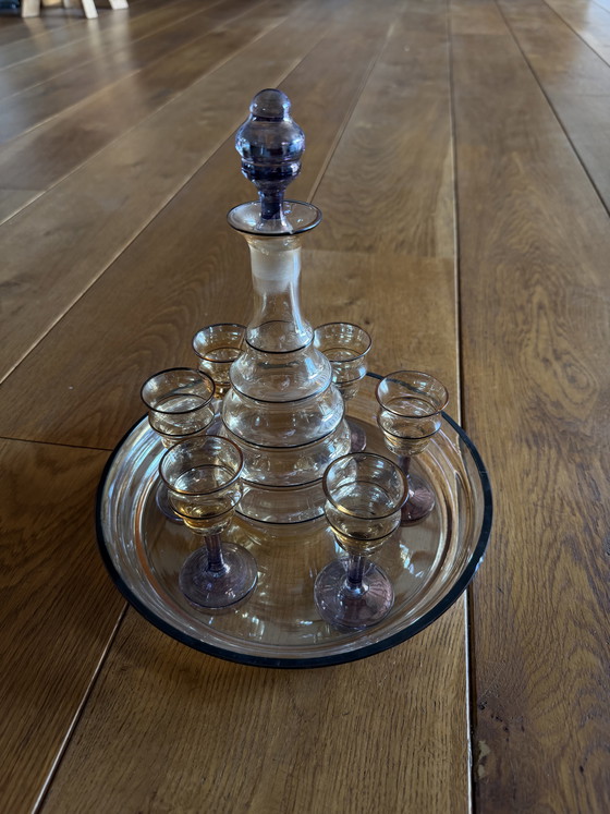 Image 1 of Vintage likeurset, retro karaf met glaasjes en dienblad kom