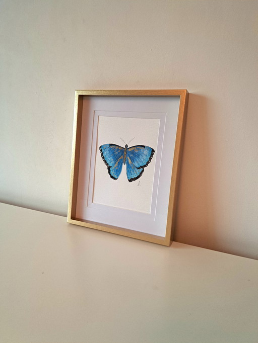 Watercolor painting Blue Morpho Butterfly | Gold-colored frame