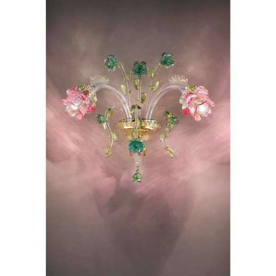 Image 1 of Luxuriöse, klassische Wandleuchte aus Muranoglas mit floralem Muster – Venezianisches Design in Rosa und Grün