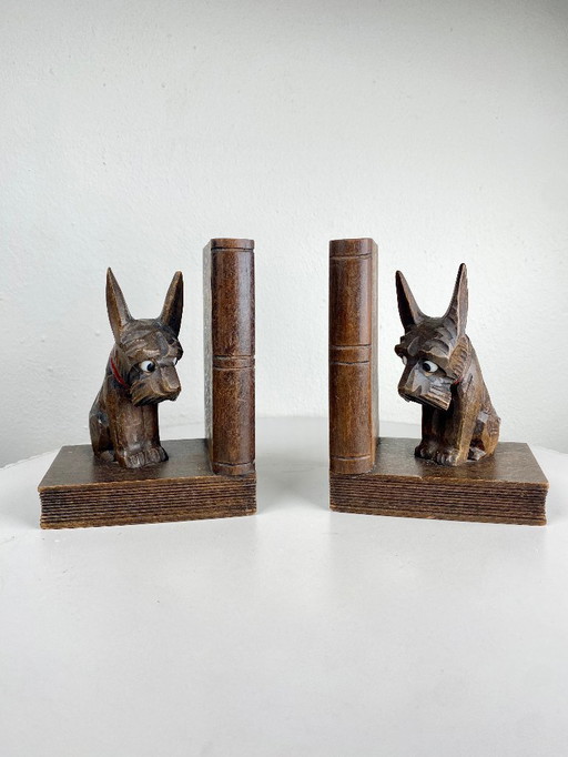 Vintage Hand-Carved Wooden Dog Bookends – Scottie Terrier Bookends – Rustic Library Decor