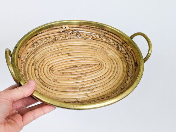 Handgemaakte vintage ovale dienblad van rotan en messing, in de stijl van Gabriella Crespi, Italië, jaren (photo 17 of 17)