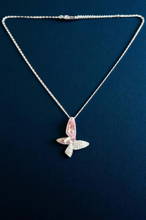 Rhinestone crystal pink butterfly 18kt white gold plated pendant with chain