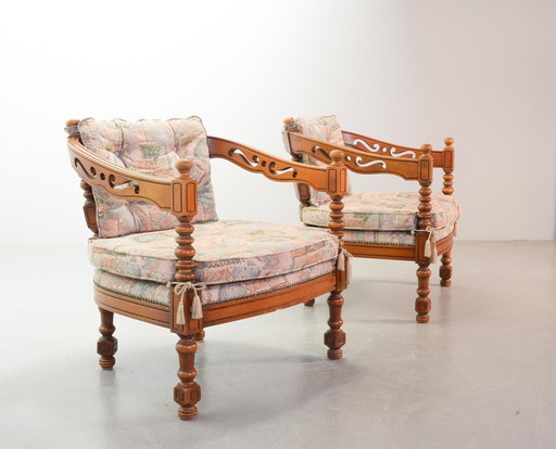 Giorgetti Gallery Collection Handcarved Wooden Lounge Chairs with Gobelin Upholstery, Set of 2. Italy, 1975. 