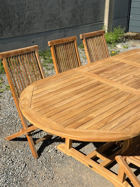 Mesa de jardín ovalada extensible de teca + 6 sillas plegables – Set promocional – Conjuntos de jardín (photo 4 of 10)