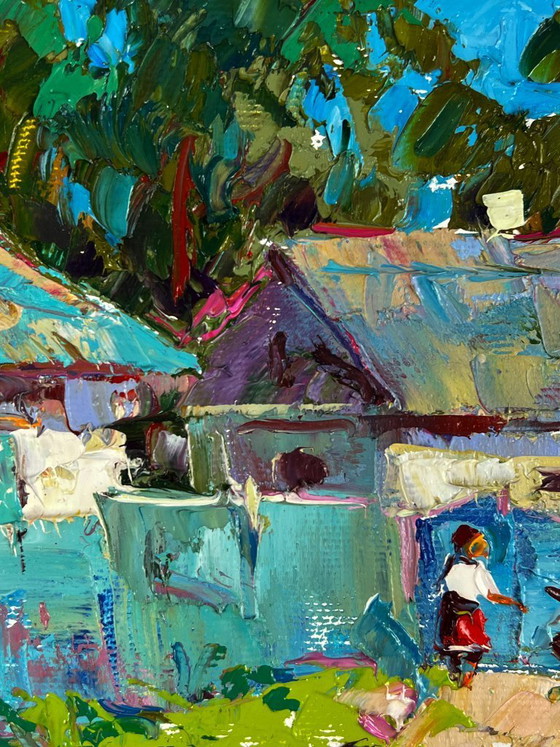 Image 1 of Peinture à l'huile originale, paysage rural, village, retour des champs