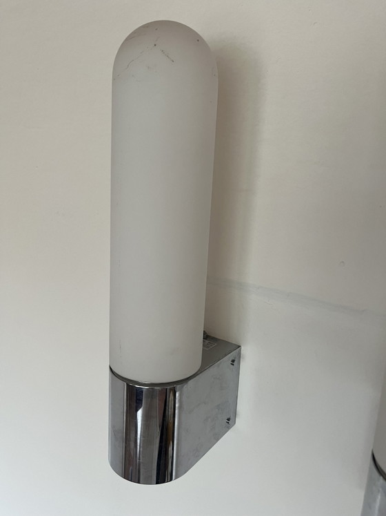 Image 1 of 4x Original "Glashütte Limburg 1970s" wall light opal glass chrome Germany!!