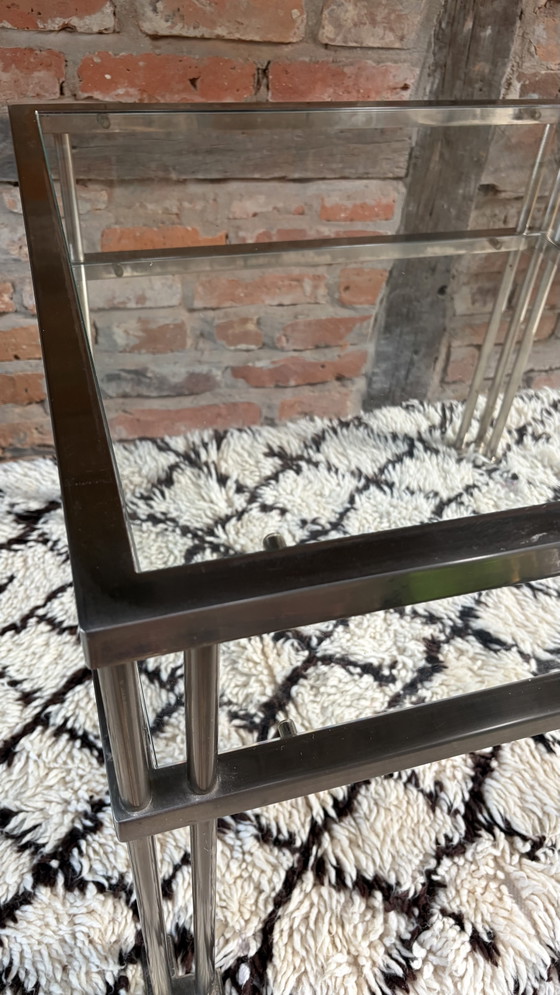 Image 1 of Table d'appoint style Mid-Century, acier brossé, verre, designer