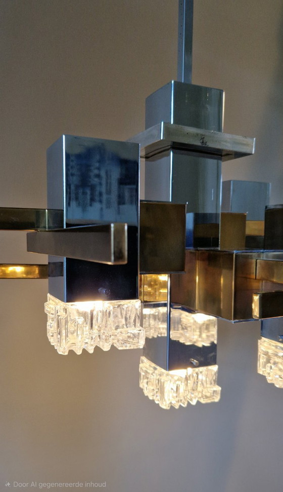 Image 1 of Vintage Italian design chandelier, Cubic, Gaetano Sciolari, chrome, brass, glass, 1970s