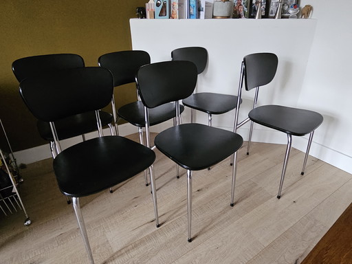 6X chaises de salle à manger en skaï noir chromé des années 70