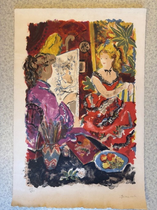 Litografia di Emilio Grau Sala - Pittore e la sua modella