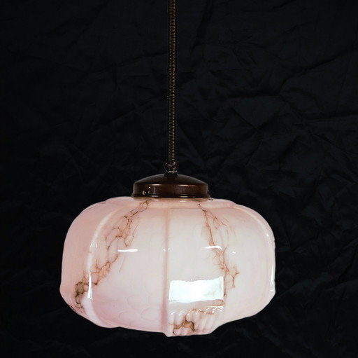 Suspension Art Déco ancienne en verre marbré rose clair (Lampadaire)