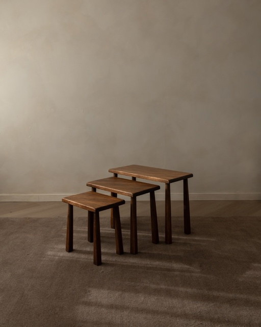 Vintage Brutalist Solid Oak Nesting Tables (Set of 3) – Dutch, 1970s