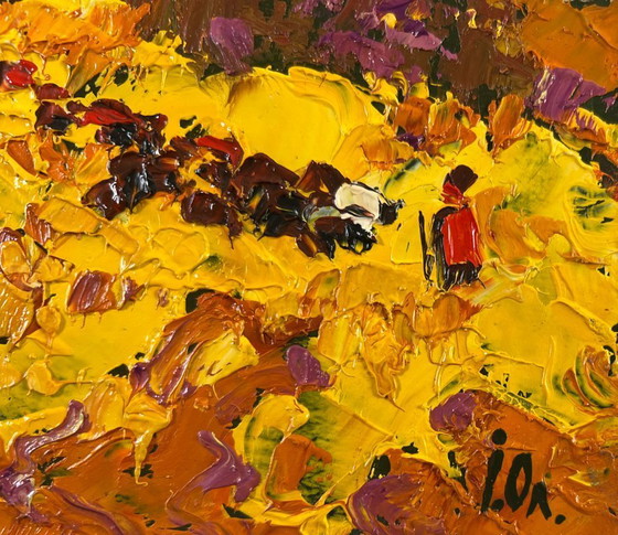 Image 1 of Original Oil Painting Evening Field Landscape Autumn is floating over the horizon