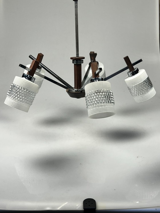 Image 1 of Vintage Kroonluchter, Chroom Met Glas En Hout, België 1970's