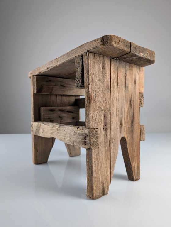 Image 1 of Antique Wood Stool, Wabi Sabi Style, Old Artisan Craftsmanship