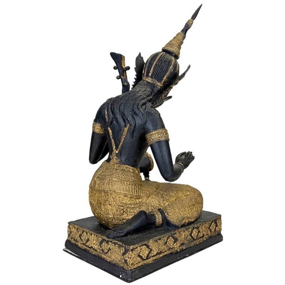 Thaise Muzikant Beeld Brons – Goud Zwart Patina Tempelfiguur – Beeldhouwkunst, Bronze, Aziatisch (photo 4 of 14)