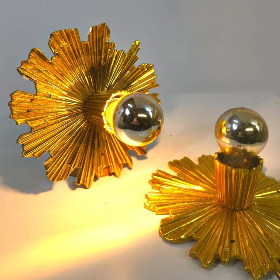 Image 1 of Set di due bellissime lampade solari placcate in oro degli anni '40/'50, lampade da parete di metà secolo