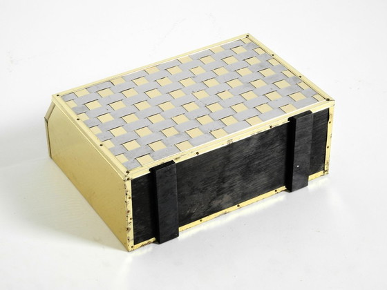 Image 1 of Extraordinary 1980s newspaper rack made of brass and wood in Hollywood Regency design