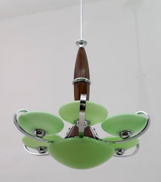 Image 1 of Art Deco Italiaanse kroonluchter in chroom en "Incamiciato" glas, jaren 1930