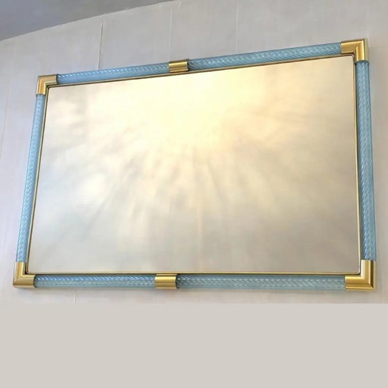 Image 1 of Moderner hellblauer Spiegel im italienischen Stil mit Torchon-Torciglione-Muranoglas