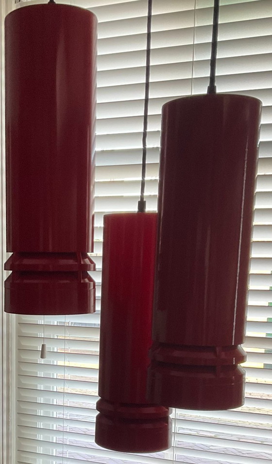 Image 1 of 3 lampade a sospensione rosse - "Pipeline P10" Design: Ole Pless Jorgensen