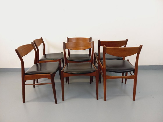 Image 1 of Set of 6 vintage Danish Scandinavian chairs by Aerthoj Jensen & Molholm in teak and skai from the 1960s