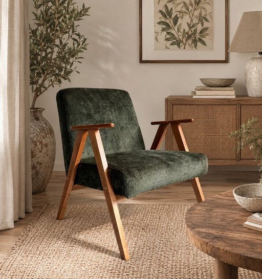 Fauteuil vintage restauré, style moderne du milieu du siècle, couleur vert forêt – Wood