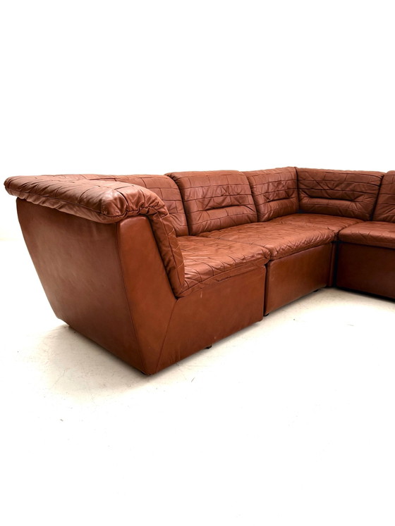 Vintage 6-delige modulaire patchwork elementenbank ‘80, Modulaire banken, Kunststof, Leer, Bruin (foto 5 van 10)