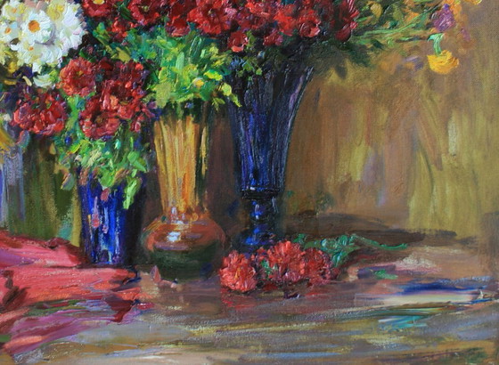 Original Oil Painting Still Life Flowers Autumn Bouquets, Paintings & Drawings, Canvas, Multi Color (photo 5 of 5)
