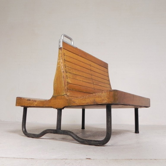 Image 1 of Double-sided teak train bench, 1930s
