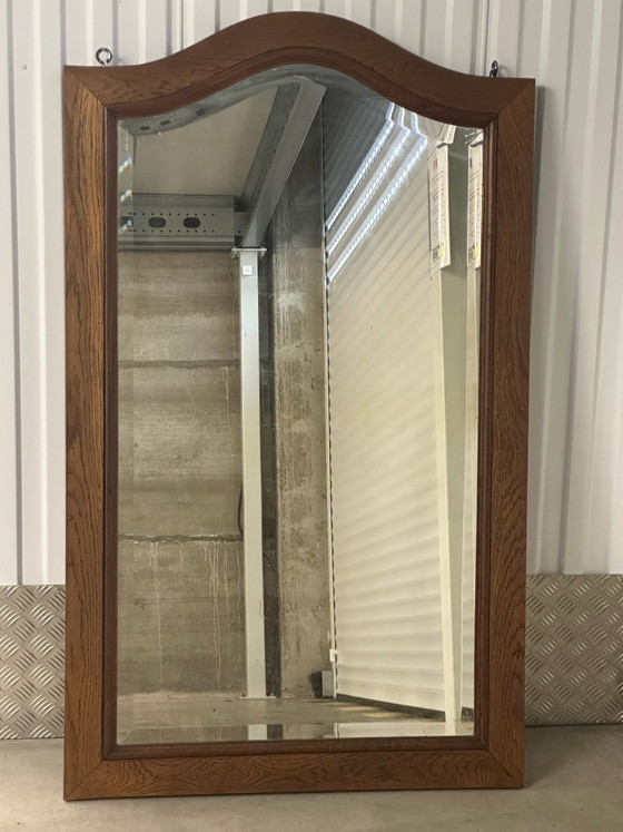 Large antique curved oak mirror, beveled glass, 138 × 83 cm, Wood, Brown (photo 2 of 15)