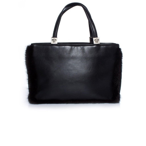 Gianni Versace, borsa vintage in pelle nera con pelliccia