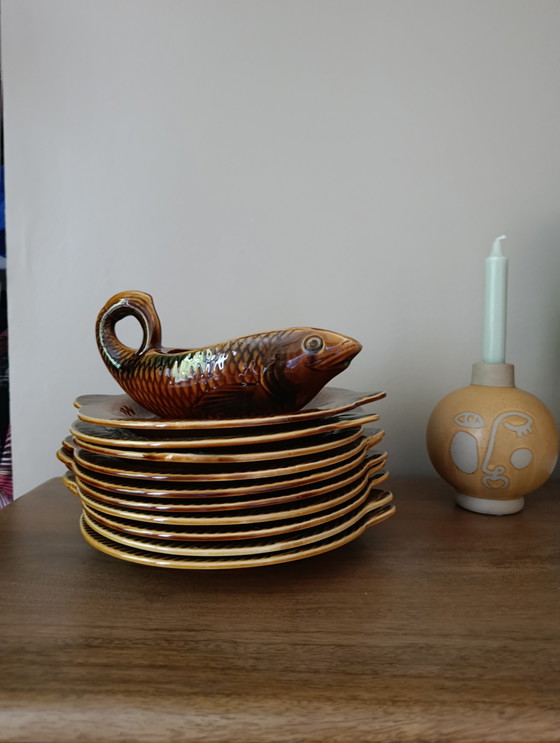 Image 1 of Service assiettes poissons et saucière de Sarreguemines France, 1950