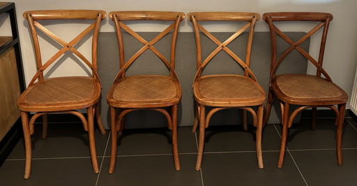 4x Chaises en bois vintage avec siège en rotin