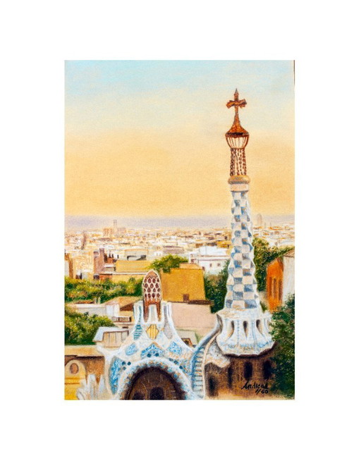 Drawing of Barcelona as seen from Park Güell. Park Güell drawing. Pastel drawing of Barcelona. Painting of Barcelona.