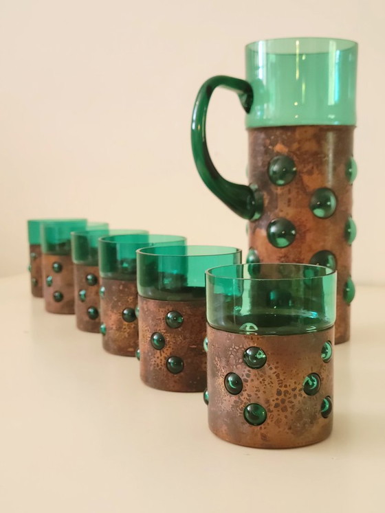 Vintage Brutalist drank set van groen glas en gepatineerd koper – Glazen & Karaffen, Copper (photo 5 of 9)
