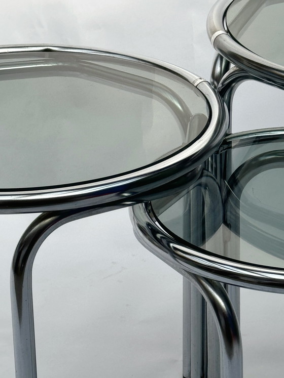 Image 1 of Vintage Space Age Nesting Tables in Chrome and Smoked Glass, 1970s/1980s