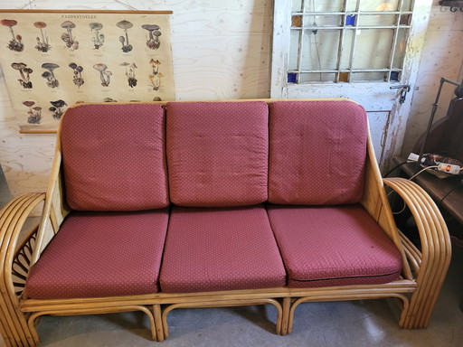 Vintage Rattan Bamboo Lounge Sofa and Two Armchairs
