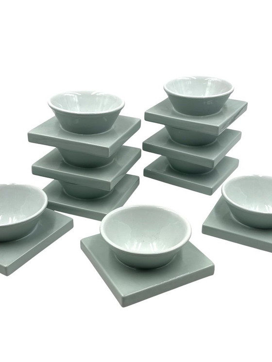 Image 1 of Set van 9 lichtblauwe keramische kommen, I + I Italië, jaren 70.