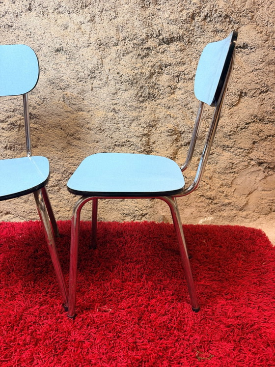 Pair of blue Formica chairs - Vintage 70s, Dining chairs, Metal, Chrome, Black (photo 5 of 15)