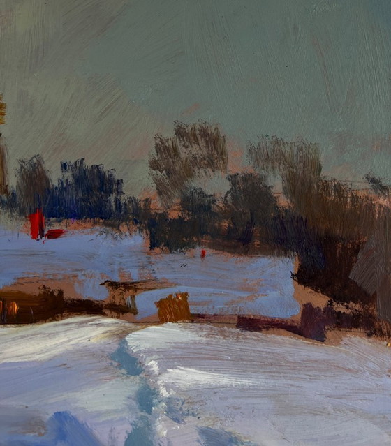 Image 1 of Original Oil Painting Winter Village Landscape Large snow drifts fell