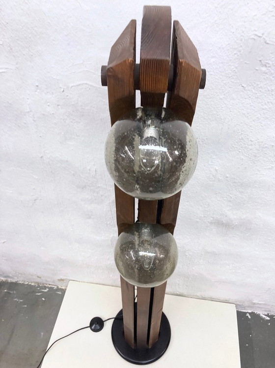 Image 1 of Stehleuchte von Temde aus Holz und Glas dreiflammig 70er brutalistischer Stil