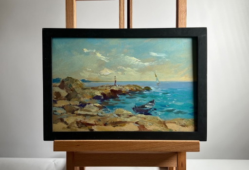 Original Oil Painting Coastal Landscape Admire the sunset at sea