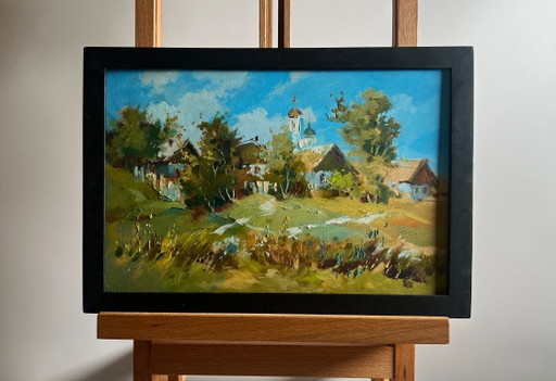 Dipinto ad olio originale: Paesaggio estivo di un villaggio. Veduta del villaggio e della chiesa.