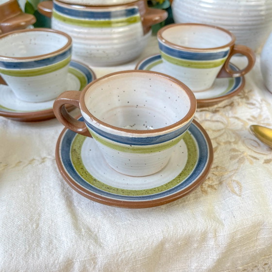 Servizio da caffè vintage in gres maculato grigio anni '50 con strisce verdi e blu - Tazze da caffè vintage (photo 9 of 14)