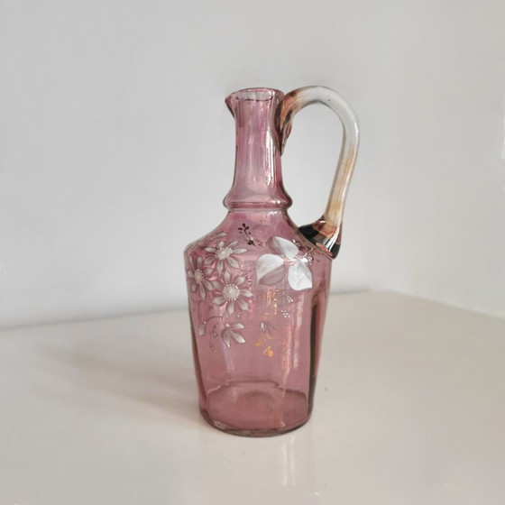 Image 1 of Antieke Franse Art Nouveau likeurset van roze iriserend glas, ca. 1900.
